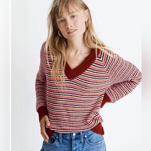 Madewell Women’s Arden V-Neck Crop Knit Pullover Striped Size XXS Burgundy